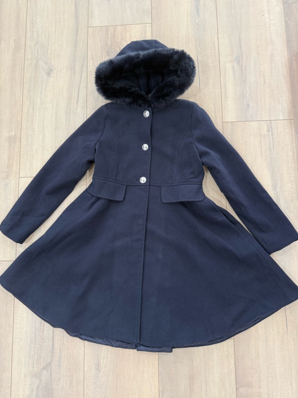 Rothschild Girls' Navy Blue Hooded Princess Pea Coat with Faux Fur Trim